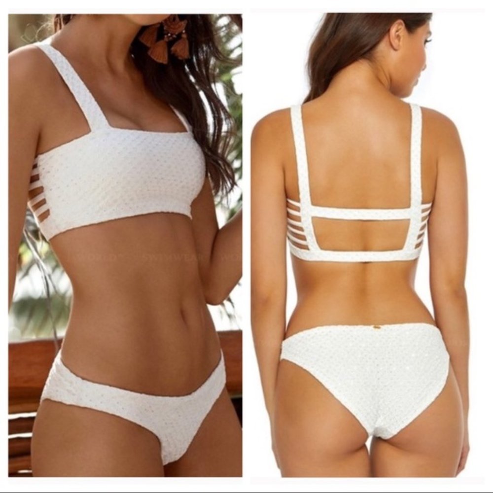 Pilyq White Eyelet Lace Caged Bikini Set Size L